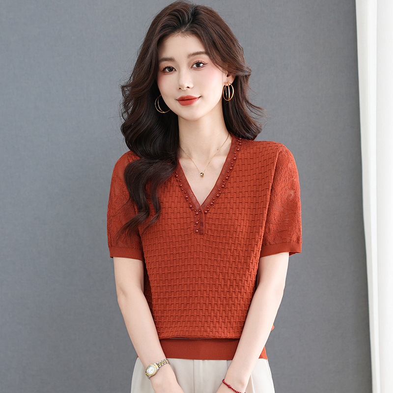 Lace Collar Summer Dress, Stylish Jacquard Short-Sleeved Knitted Top, Elegant Lady's Summer Ice Silk T-Shirt for Women