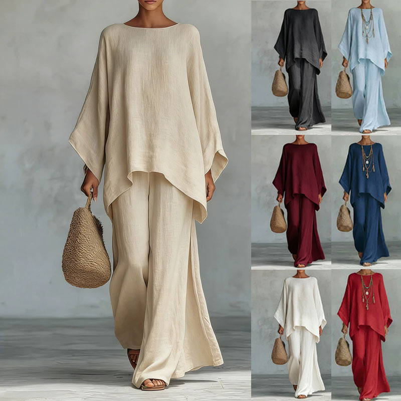 European and American Women's Clothing Summer New Cross-Border Style Loose Linen Blend Solid Color Shirt and Wide-Leg Pants Casual Set