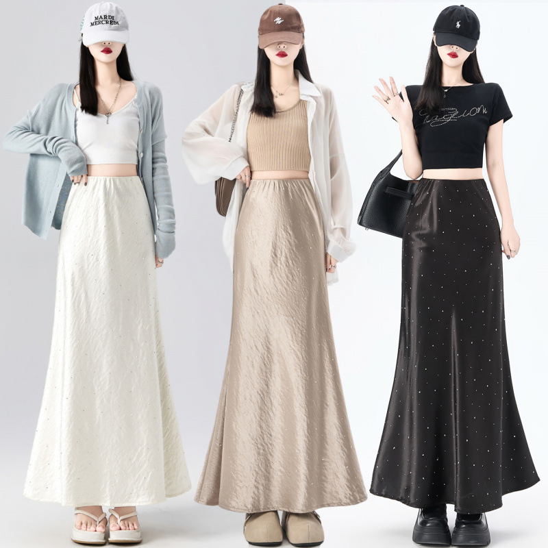 Hot-Selling Satin Fishtail Skirt for Women, New Spring/Summer High-Waisted, Hip-Covering, Slimming, Drapey A-Line Bodycon Long Skirt