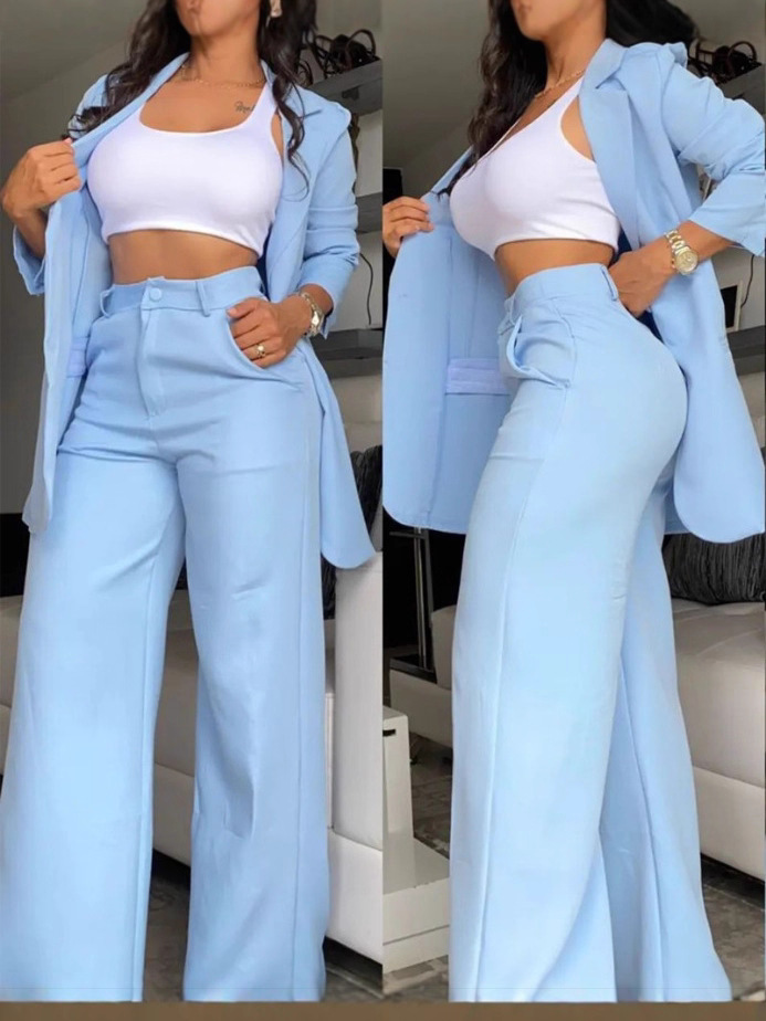 Cross-Border 2026 European and American Foreign Trade Summer Women's Clothing Elegant Solid Color Split-Sleeve Lapel Blazer Straight-Leg Pants Suit for Women