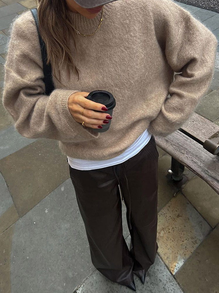 Autumn 2024 Europe and America Amazon cross-border solid color long sleeve mohair sweater fashion loose casual pullover women's clothing
