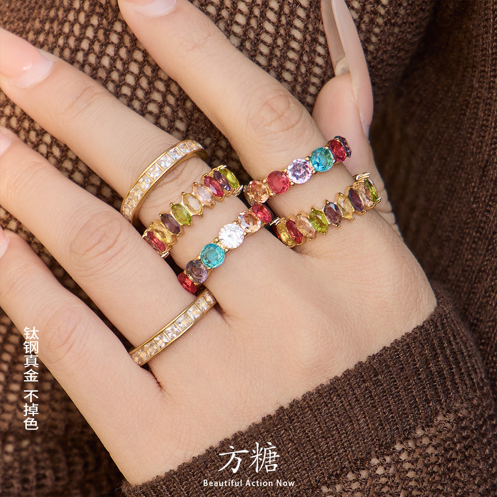 Cross-Border Ins Style Personalized Colorful Full Diamond Zircon Ring, European and American Style Trendy Women's Ring, Stainless Steel Index Finger Ring