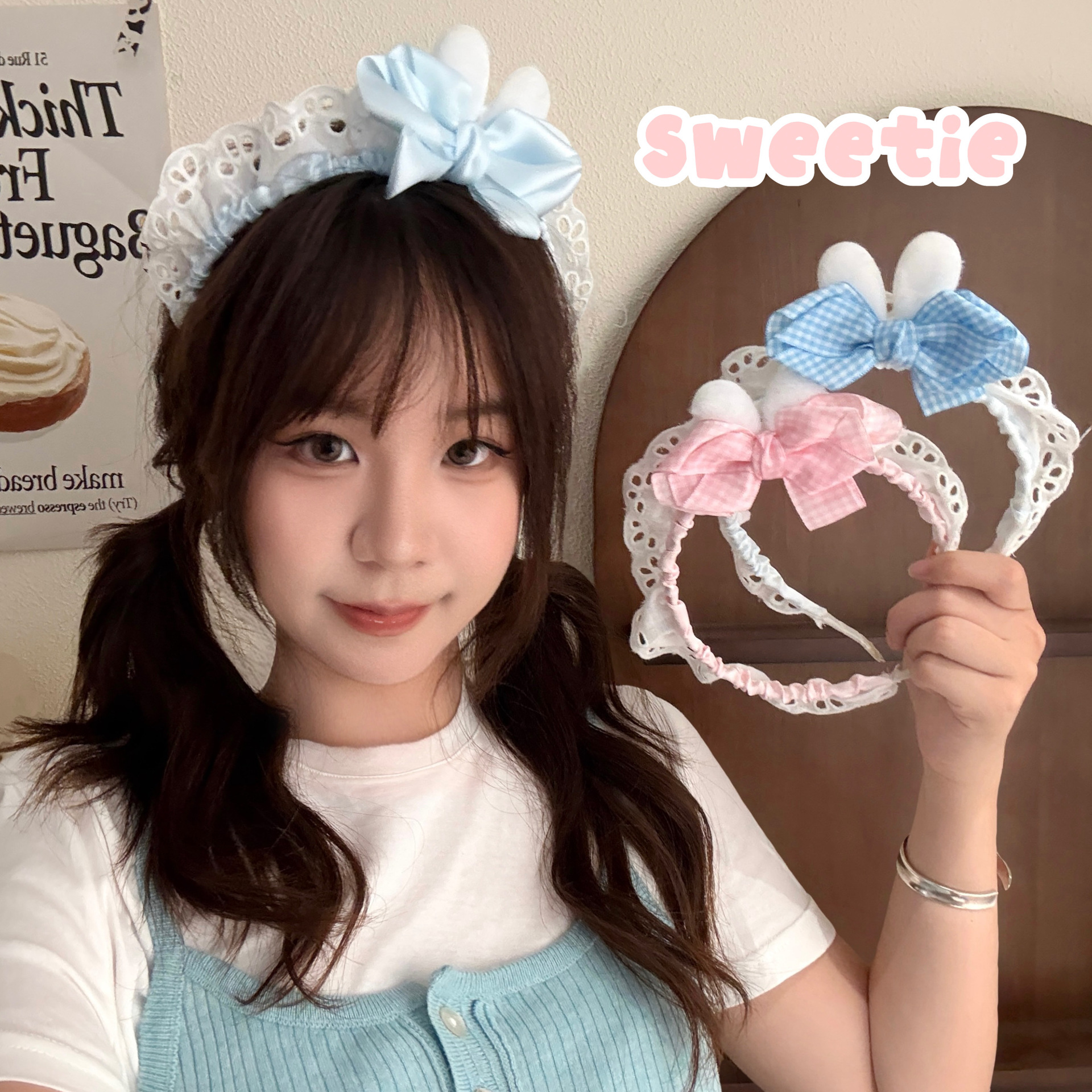 Sweet and Cute Girly Heart Bow Rabbit Ear Headband Versatile Blue and Pink Headband Lolita Maid Hair Accessory