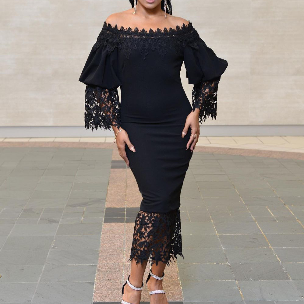 Amazon 2024 Spring and Summer New Style Lace Splicing One-Line Collar Off-Shoulder Hip-Covering Banquet Dress European and American Dress
