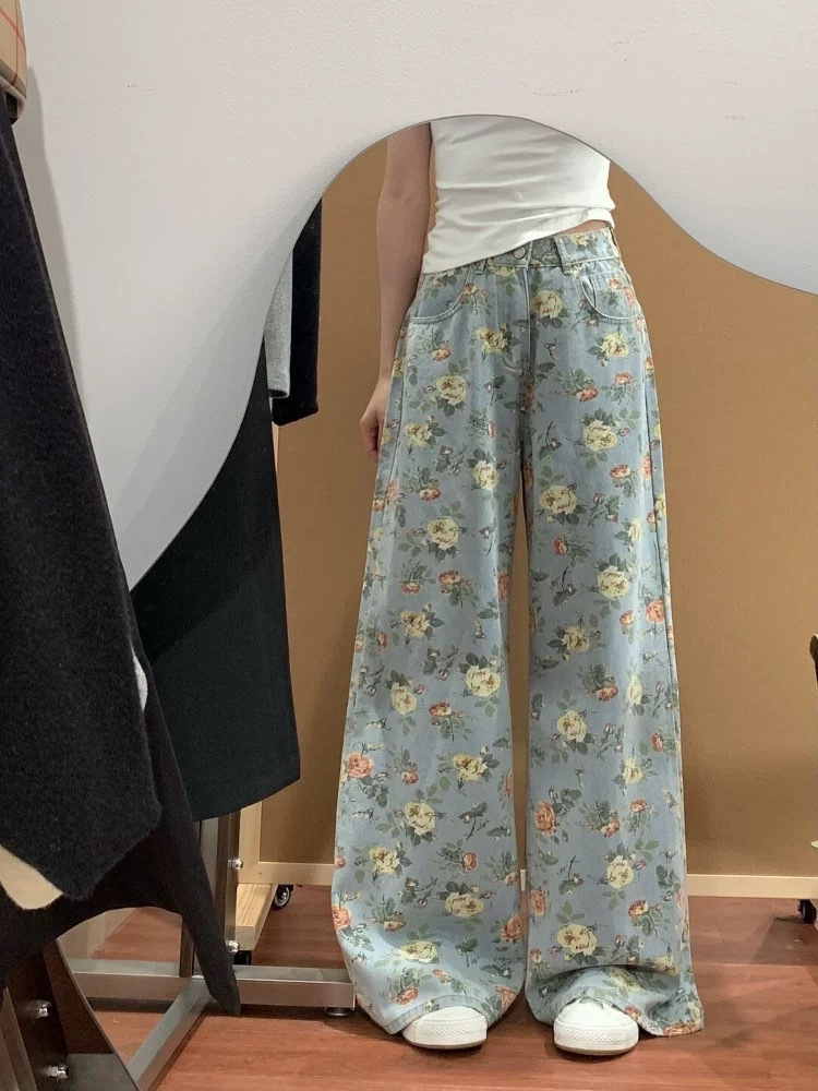 2026 Autumn New Niche Floral Full-Printed Wide-Leg Jeans for Women, High-Waisted, Loose Straight-Leg, Slimming, Vintage