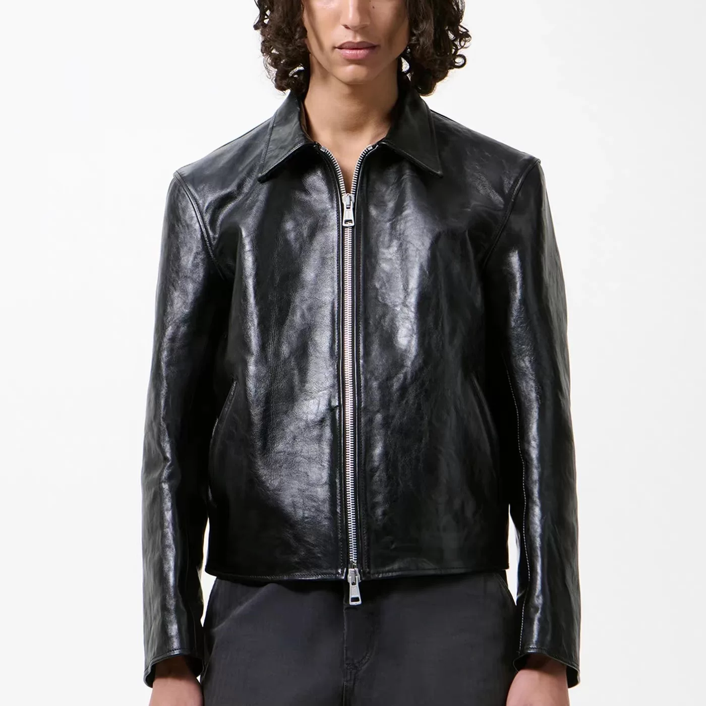 Our Legac Style Black Double-Zip Leather Jacket Casual Loose Boxy Fit Motorcycle Jacket