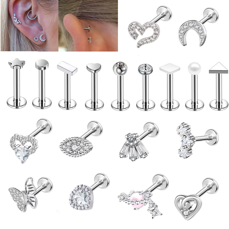 Cross-Border Stainless Steel Flats Lip Nails Wholesale European and American Fashion Diamond-Encrusted 16g External Teeth Stainless Steel Piercing Lip Ring Jewelry