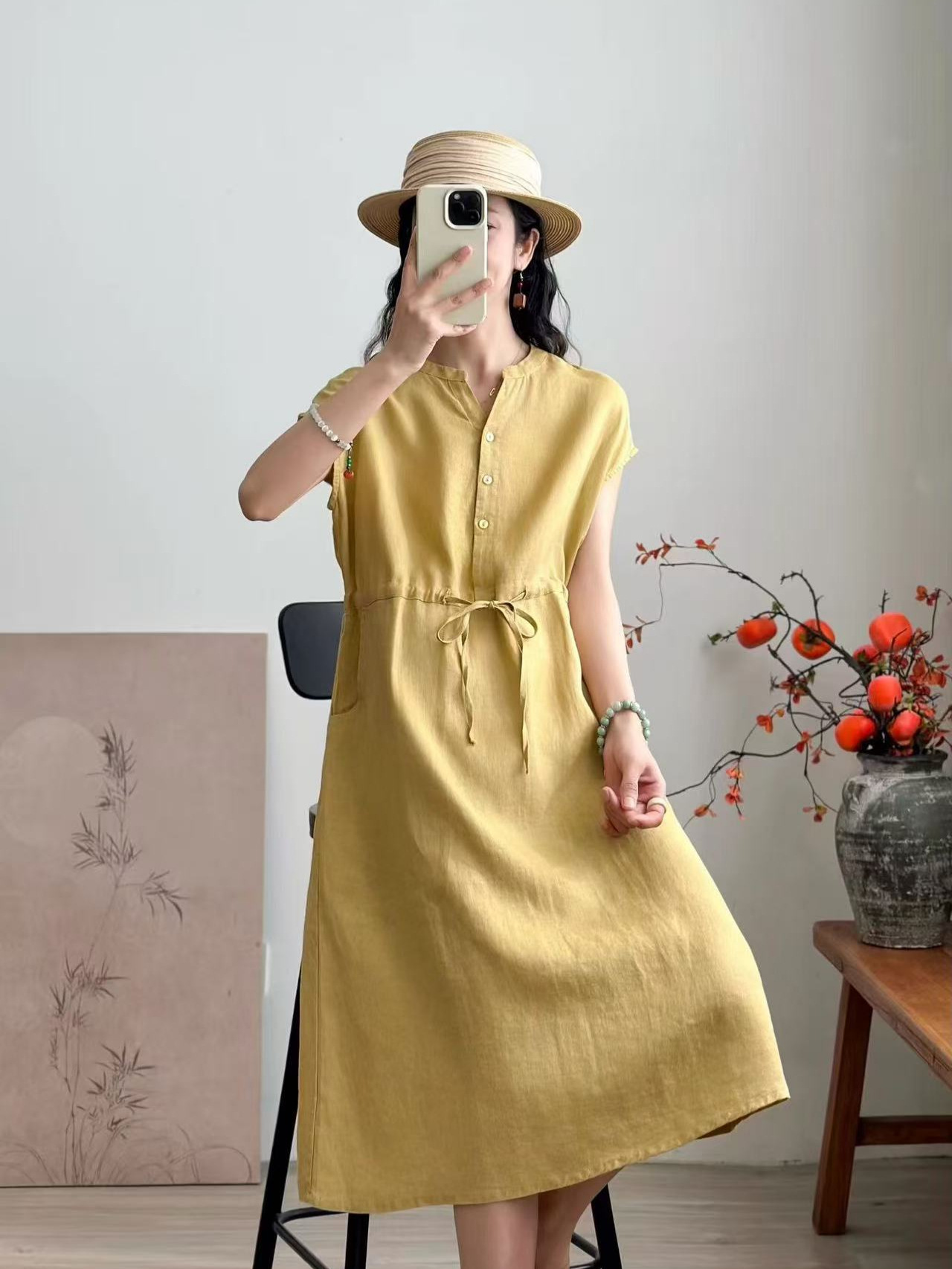 Linen Solid Color Dress 2026 Summer New Fashion Stand Collar Base Dress Loose Plus Size Short Sleeve Cotton Linen Dress