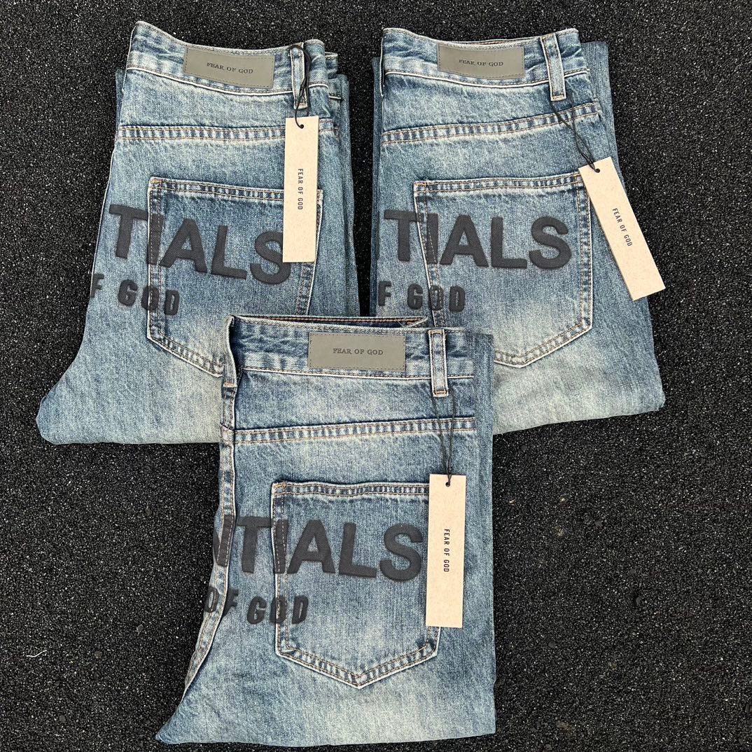 High version FEAR OF GOD double-line blue heavy-industry washed jeans high street couples men's and women's jeans Foto QC de 1688 na Qualit.ly