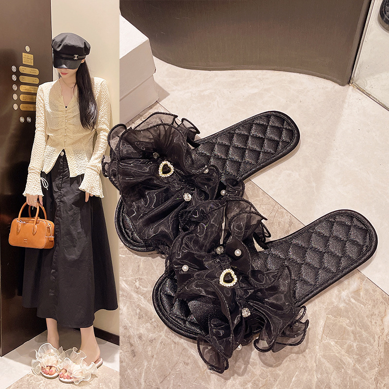 Internet Celebrated Lace Flat Slippers French Princess Style Home Sandals and Slippers Fashion Non-Slip Home Slip Flops