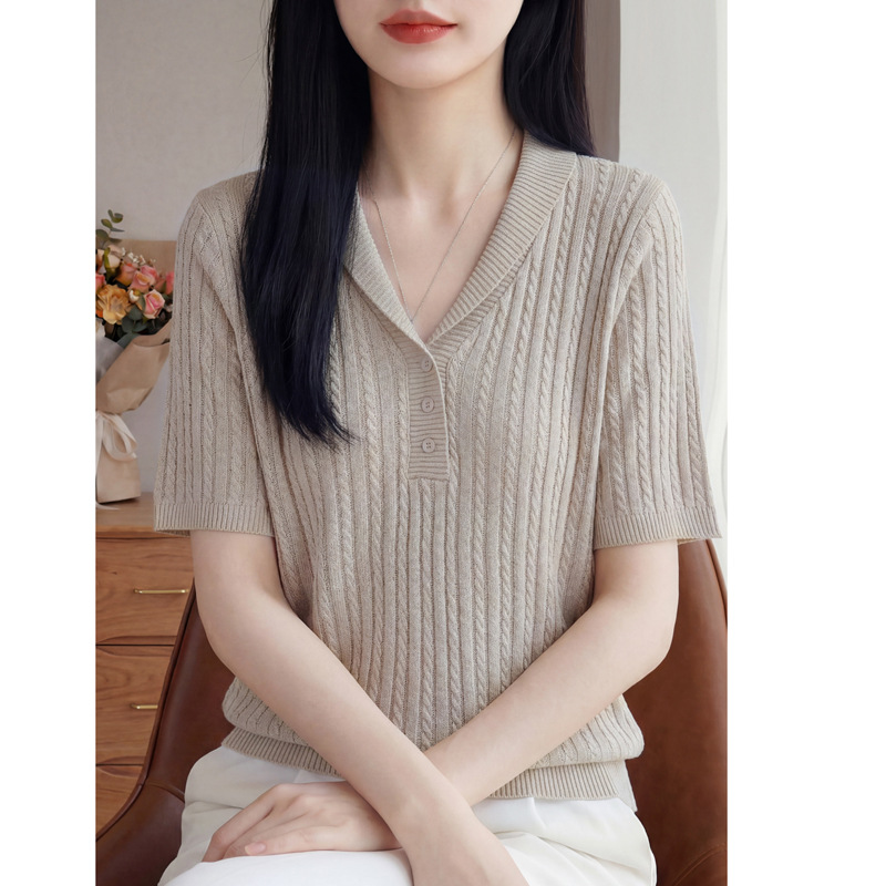 Spring and Summer New Style Lapel Twist Knit T-Shirt for Women, Chanel-Style Short-Sleeve Summer Women's Thin Short-Sleeve Knit Top