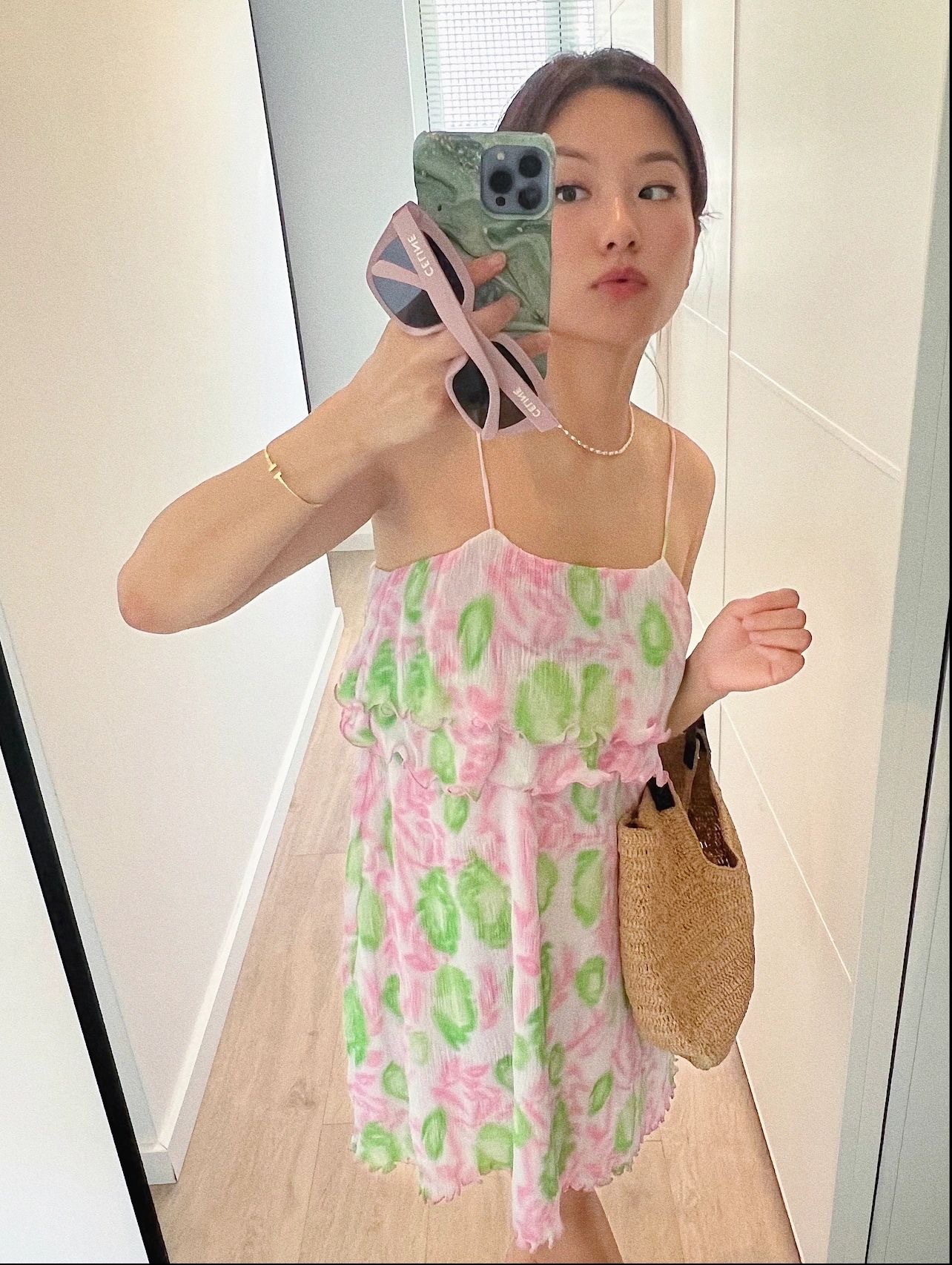 【Clearance No Returns/Exchanges】Vacation Style Georgette Pink and Green Floral Print Loose Mid-Length Camisole Dress for Women