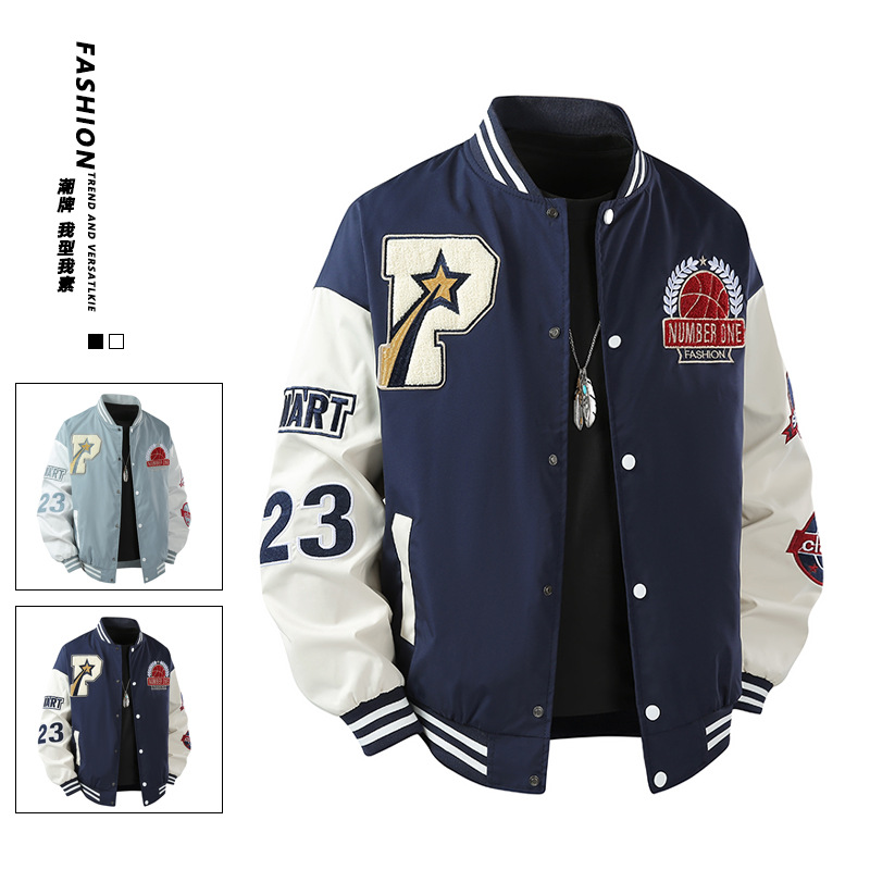 Embroidered Casual Baseball Jacket for Men, Spring and Autumn American Street Style Loose-Fitting Couple's Trendy Brand Workwear Jacket Cross-Border