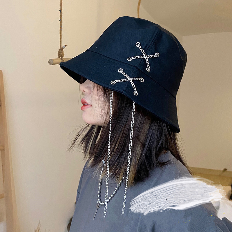 Fisherman hat women's face-looking small personality all-match chain men's sun protection sun hat casual round face hat spring and autumn basin hat