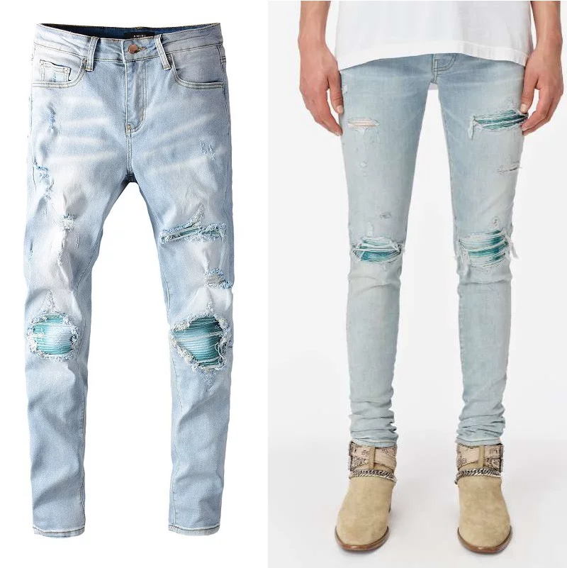 New High Street Fashion Brand Light Blue Washed Distressed Patched Ripped Youth Stretch Slim Fit Skinny Jeans for Men