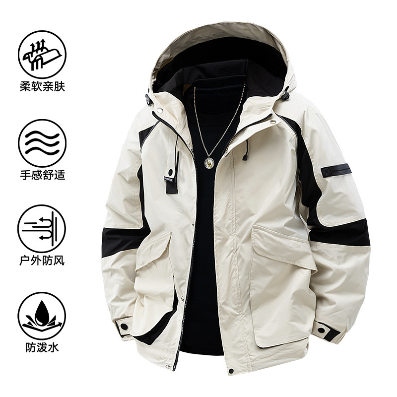 Spring and Autumn New Color-matching Couple Water-repellent Outdoor Hooded Loose Tooling Functional Jacket for Men and Women
