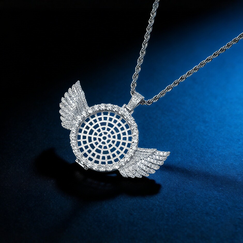 Hip-Hop Full Diamond Wing Pendant Necklace Cross-Border Hot-Selling Angel Wing Pendant Frame Design Unisex Jewelry