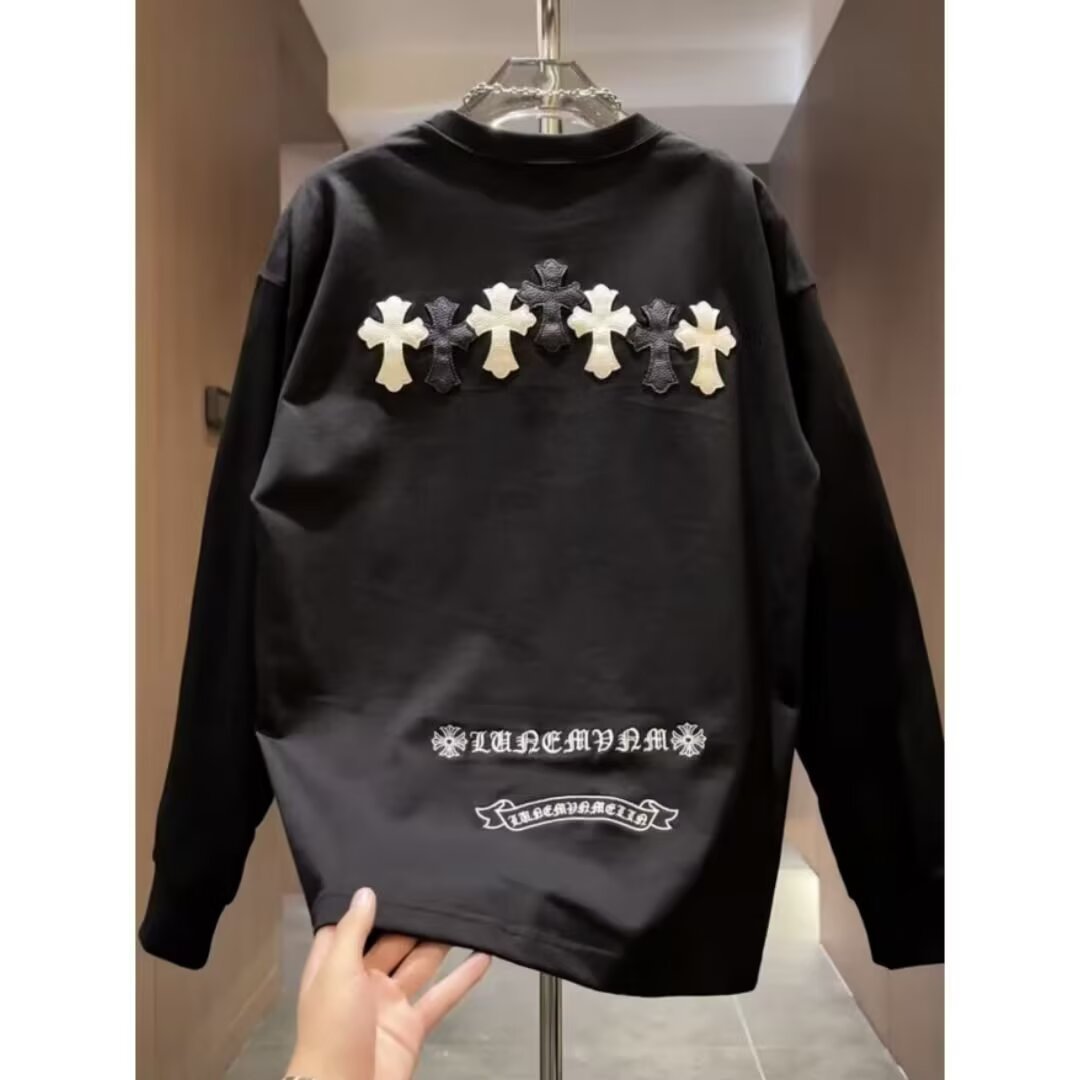 Autumn and Winter New Style Cross Leather Label Embroidery Design Long-Sleeve Base Shirt for Men, Trendy Loose Fit Versatile Crew Neck Pullover Sweatshirt Fotografie QC de pe 1688 pe Qualit.ly