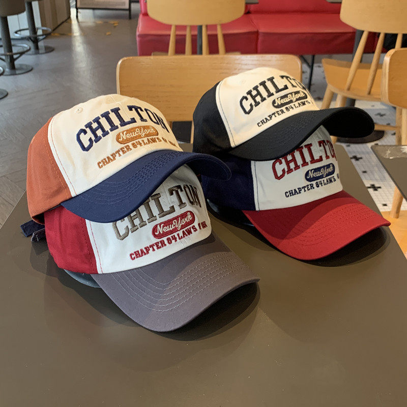 2026 American Retro Color-Blocking English Embroidery Baseball Cap for Men with Large Head Circumference, Women's Wide-Brim Sun Protection Cap