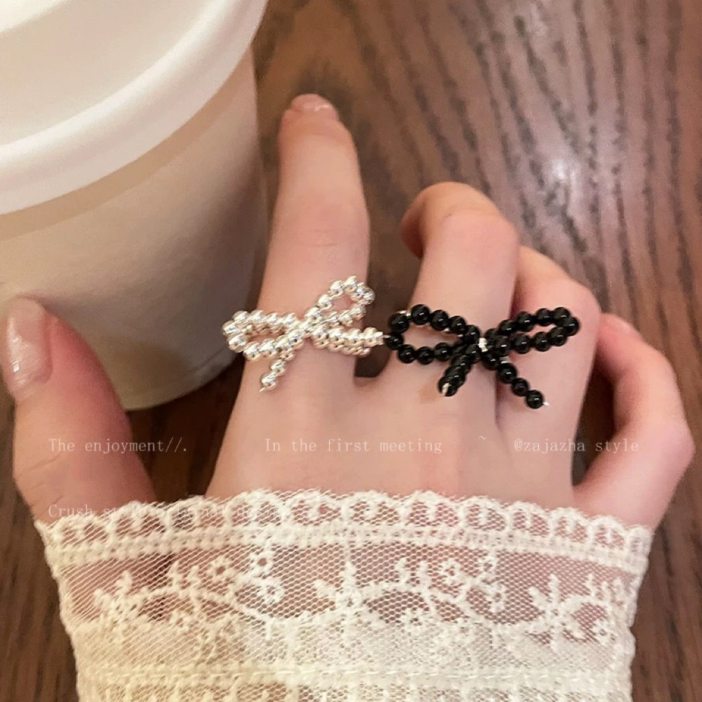 Fever Korean style beaded bow elastic rope bracelet ring women's light luxury high-end adjustable ring