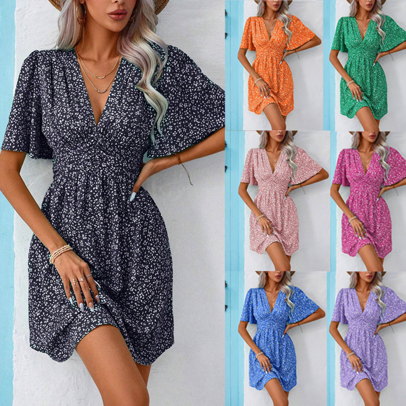 2026 European and American Amazon Cross-Border Women's Clothing Summer New Style V-Neck Mid-Sleeve Printed High-Waist Floral Pleated Dress