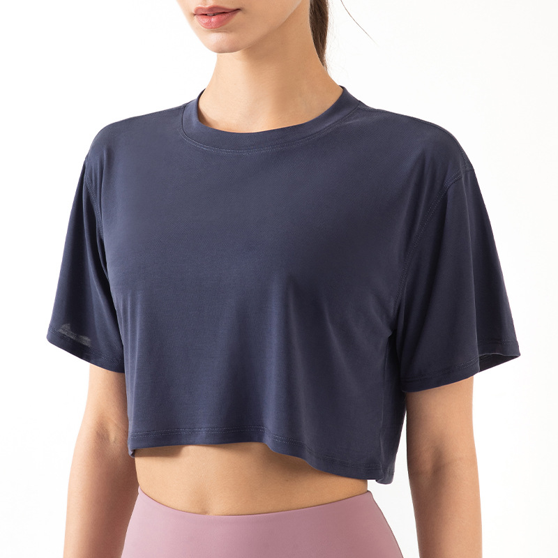 Ningbo Anjiu New Sports Top Women's Sports Fitness Navel Loose Round Neck Modal Short Sleeve Yoga Clothes for Women
