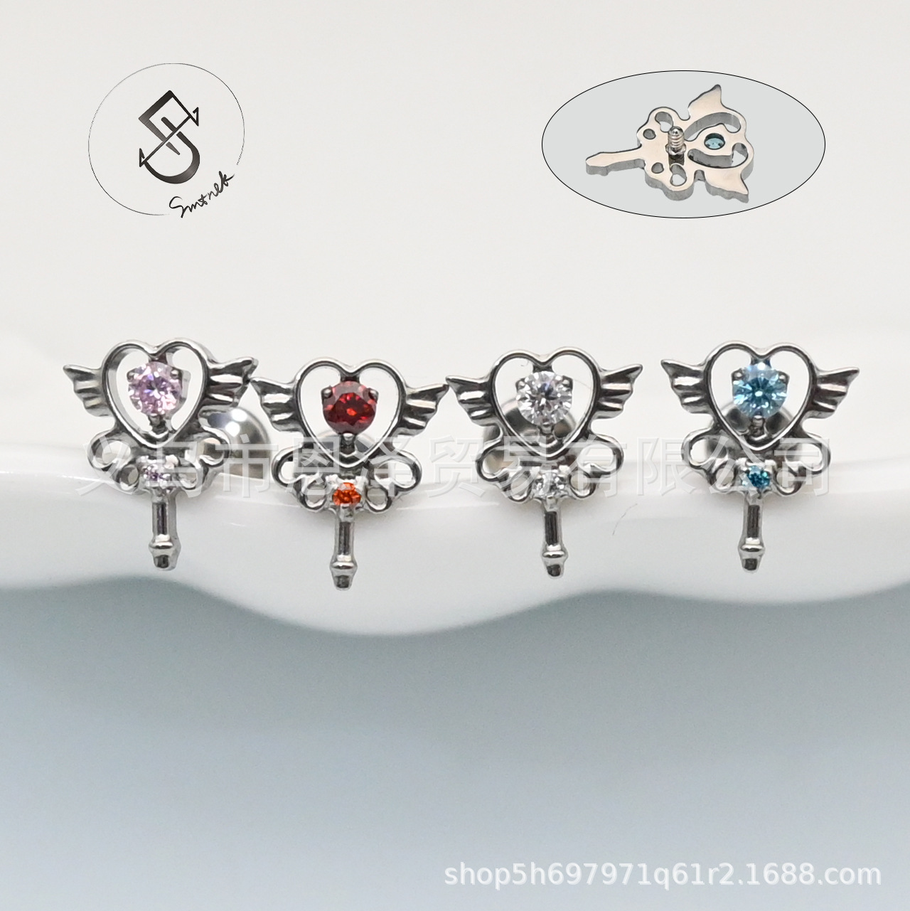 F136 Titanium Alloy Heart Wings Magic Wand Earrings Heart-Shaped Key Zircon Ear Bone Piercing Jewelry Cross-Border