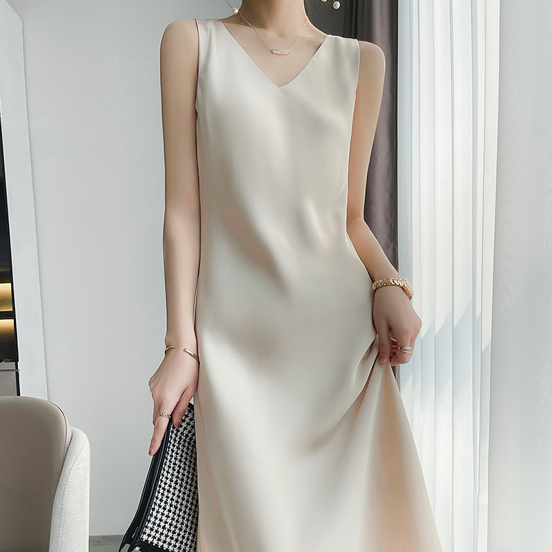 Spring and Summer High-end Simple Slip Dress Women's Acetic Acid French Midi Dress Sleeveless Sleeveless Top Dress Trendy