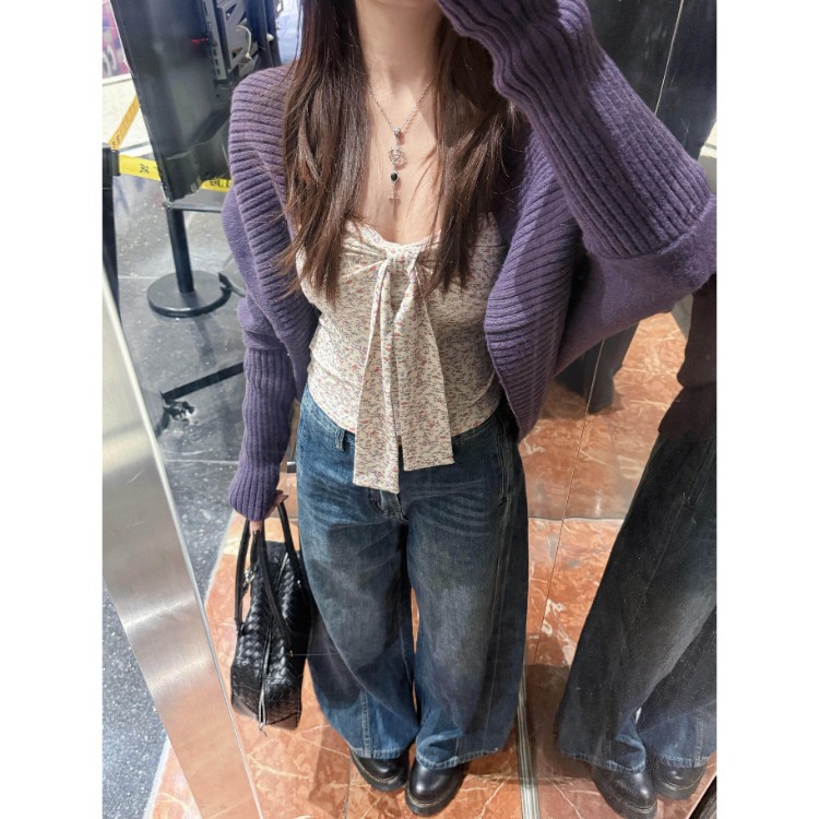 French-Style Lazy Vibe Purple Batwing Sleeve Sweater for Women, Spring Atmosphere Casual Loose Slimming Knit Cardigan