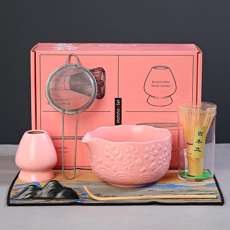 Ceramic Pink Matcha Bowl, Tea Utensils, Bamboo Matcha Whisk, 100-Prong Matcha Brush, Special Gift Box Set for Making Matcha