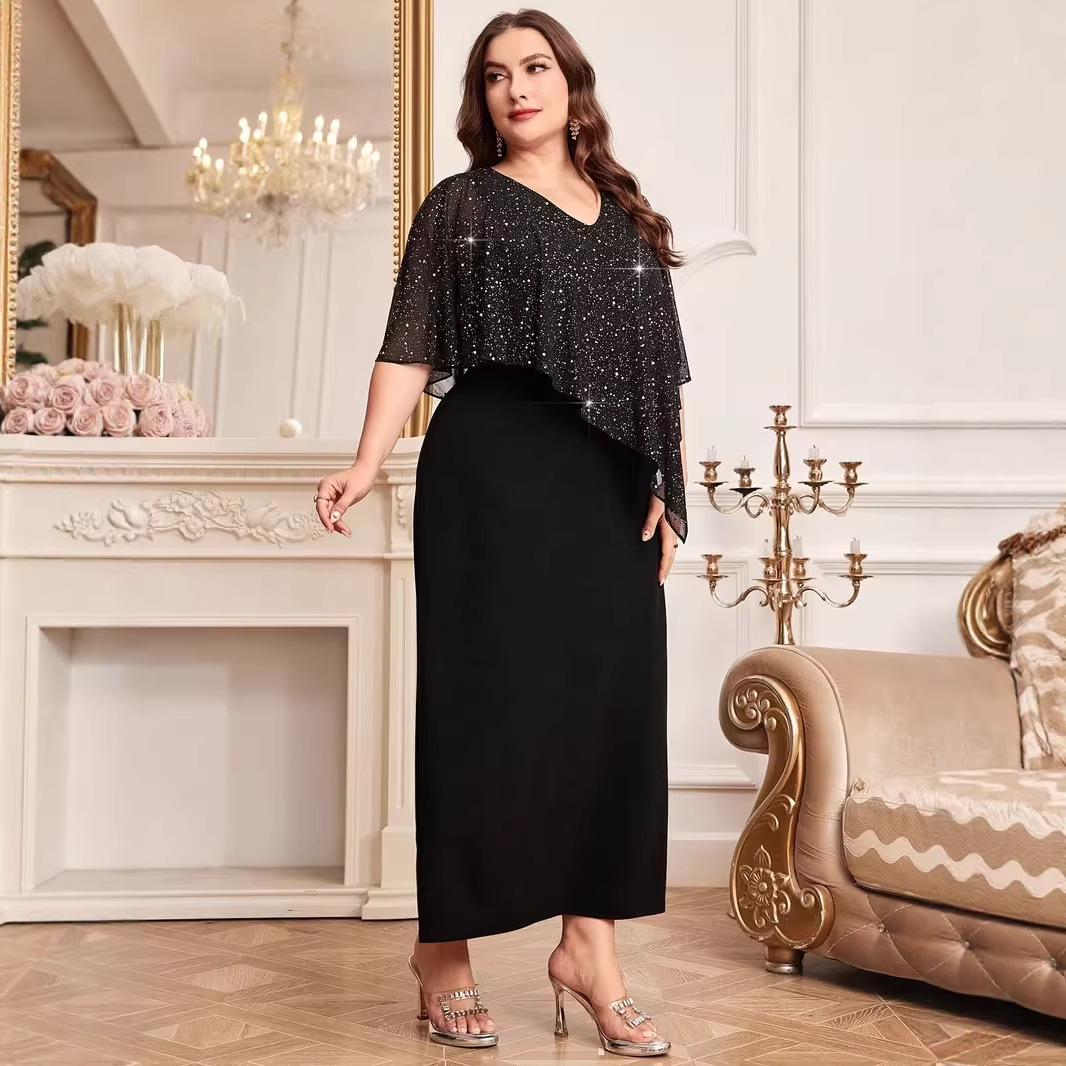 2026 European and American Cross-Border Plus-Size Women's Solid Color Mesh Elegant Bodycon Dress That Hides the Figure and Makes You Look Slimmer, Stylish Casual Dress