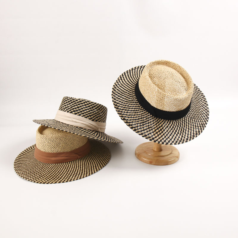 Customized Color-Blocked Straw Two-Color Sun Protection Hat Beach Seaside Popular Ring Concave Top Hand-Woven Straw Hat
