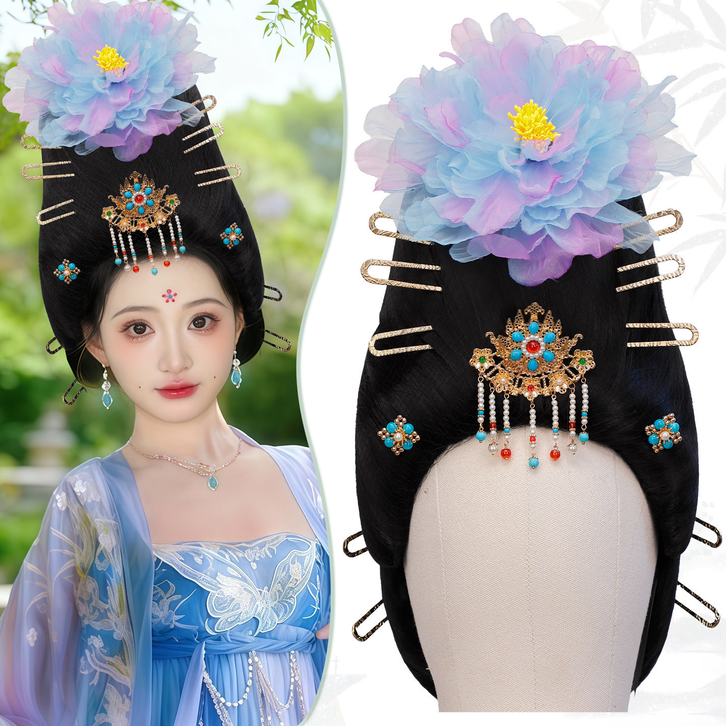 Ancient Chinese Costume with a Fresh and Elegant Court Style, Versatile Retro Hair Accessory, Tang-Style Integrated Lazy Wig Set for Women