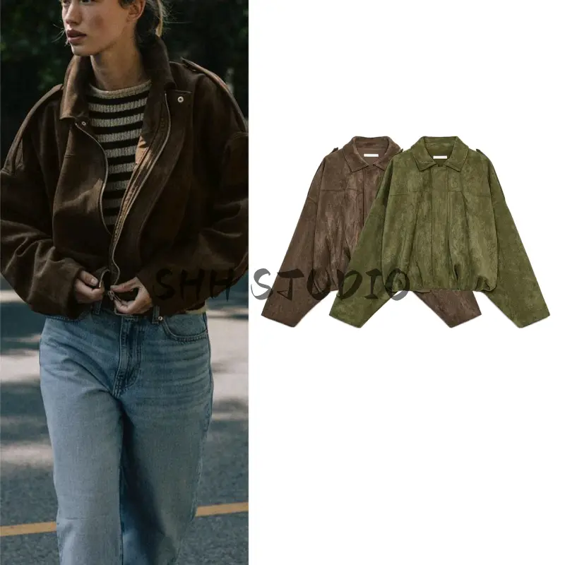 Autumn New Women's Clothing French Lapel Long-Sleeved Imitation Suede Effect Bomber Jacket 4344655