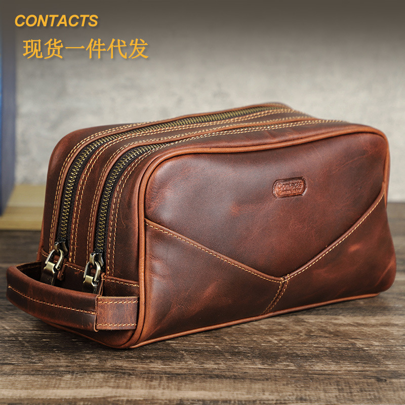 Black Angel Factory Supply Casual Cowhide Clutch Retro Crazy Horse Leather Multifunctional Toiletries Bag Cross-Border Dropshipping