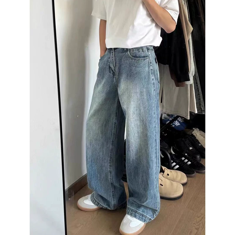 Ice blue wide leg jeans men's summer American high street washed loose trendy brand cleanfit casual straight leg pants
