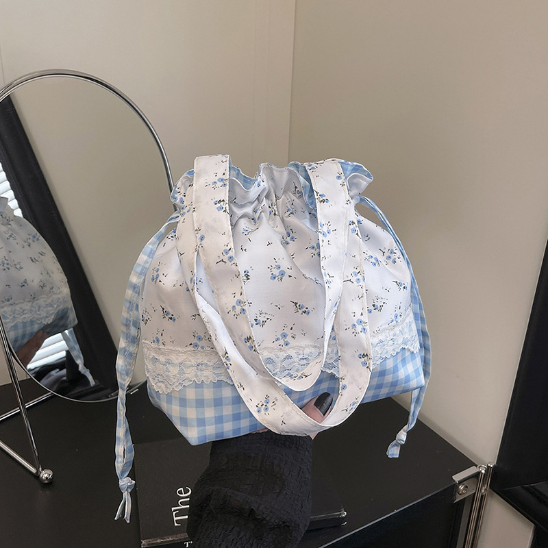 2025 New Floral Plaid Drawstring Shoulder Bag Student Korean Style Handbag Large Capacity Portable Ins Commuter Bag