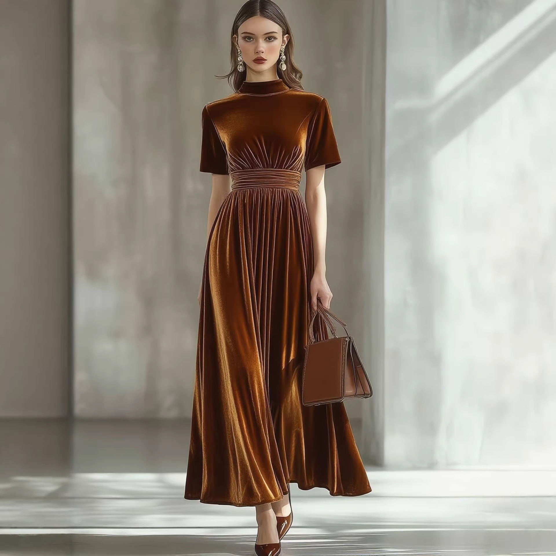 Women's New Autumn and Winter Velvet Short-Sleeve Dress, Waist-Cinching, Slimming, Elegant Long Skirt with a Large Hem