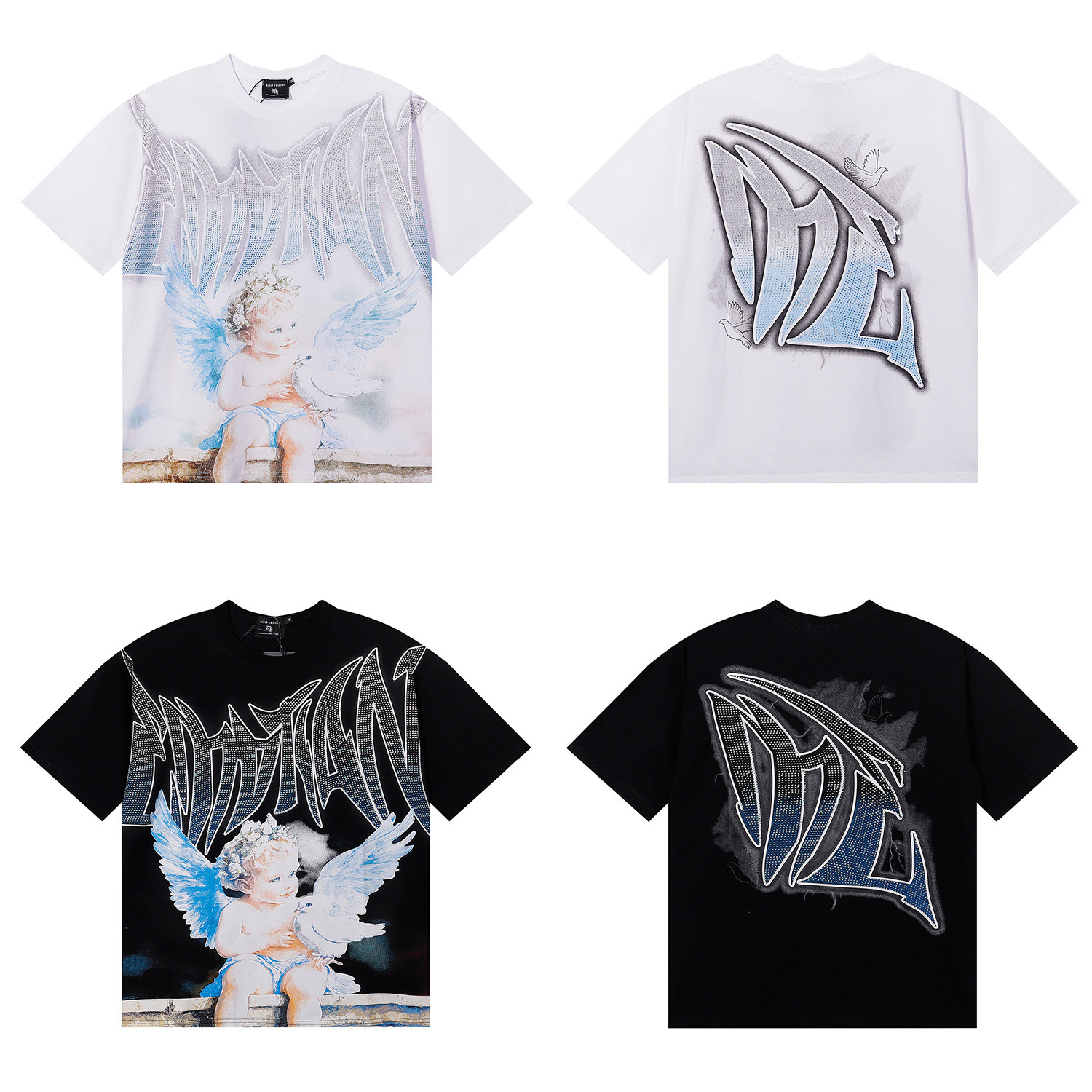 Beauty Trend Mixed Emotion'Dove' Rhinestone Hot Diamond Printed High Weight Round Neck Short-Sleeved T-Shirt