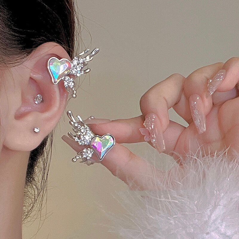 Love Angel Wings Zircon Ear Clip Women's Light Luxury Niche Design Sense Earrings Elegant Elf Ear Clip