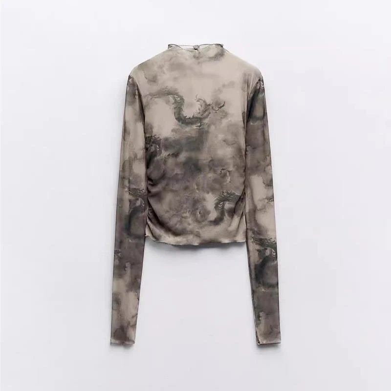 Spring new arrival: slim-fit dragon-print sheer long-sleeve T-shirt, printed see-through top.