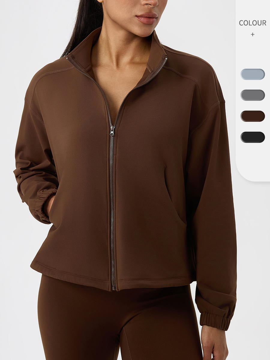 Women's Autumn and Winter Fleece Yoga Jacket Loose Fit Stand Collar Zipper Warm Outdoor Fitness Sports Top 52630