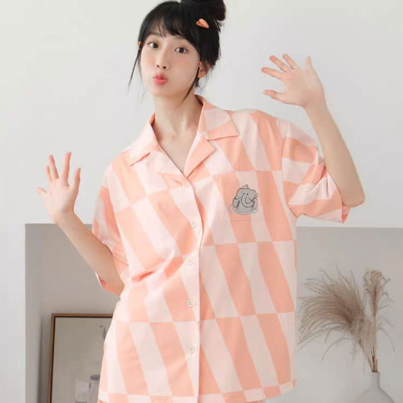 Plaid Control Pajamas for Women Summer Simple Casual Home Clothes Contrasting Color Imitation Cotton Short-Sleeved Home Clothes Set That Can Be Worn Outside