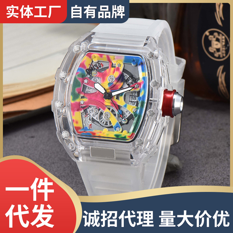 Cross-border new hollow transparent barrel quartz watch multifunctional sports business men's watch manufacturers wholesale generation