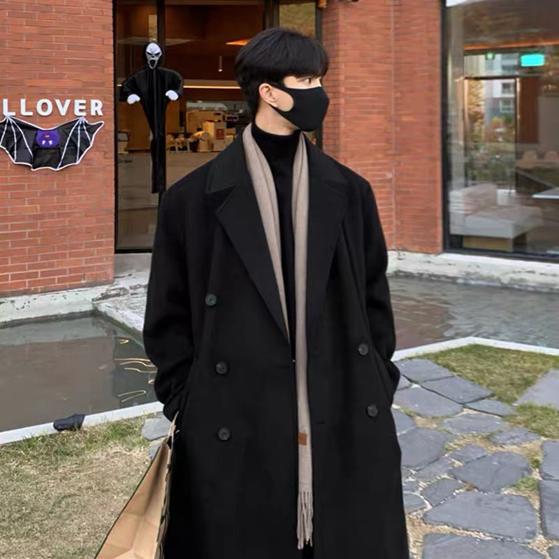 Winter woolen overcoat men's mid-length Korean-style over-the-knee thickened woolen overcoat ins trendy Korean-style trench coat Woolen