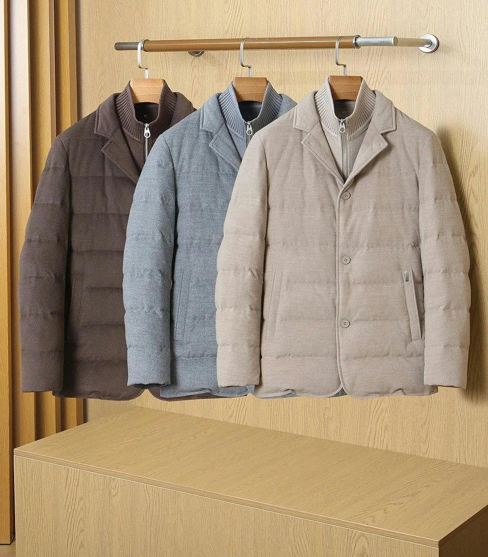 Loro Pian2026 Autumn and Winter Men's Wool Down Jacket Fake Two-piece Jacket Interior Filled with 90% Down Wool Fabric