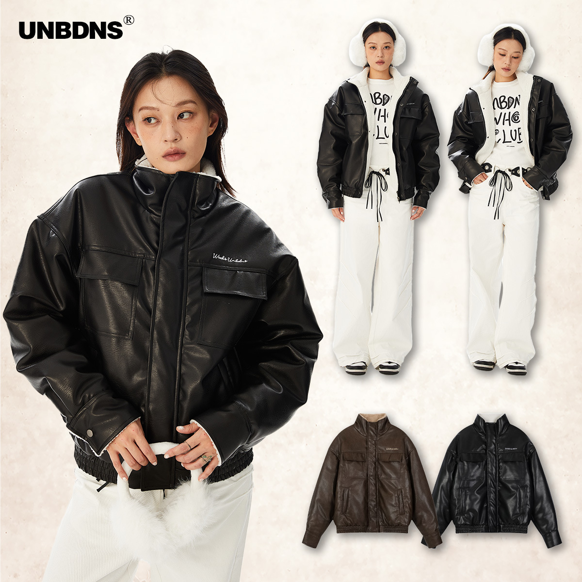 Unbdns Melard Color Series Stand-Up Collar Pu Leather Jacket, Unisex, Fleece-Lined and Thickened, Motorcycle Couple Cotton Jacket, Trendy