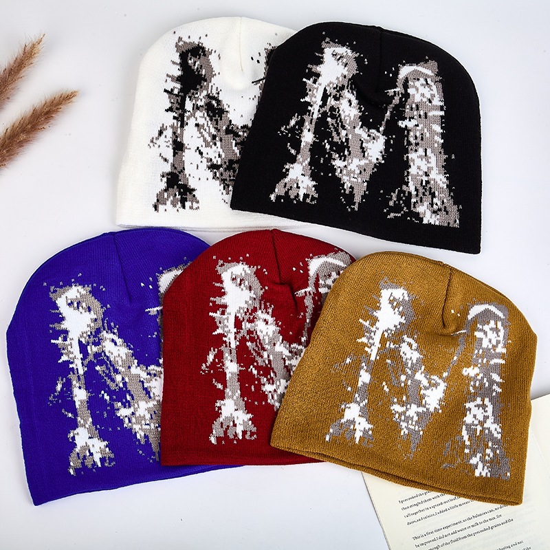Letter Cycling m Hat New Style Knit Hat Ear Protection Hip-Hop Hat Women's Personalized Pullover Hat Beanie Cold Jacquard Autumn and Winter