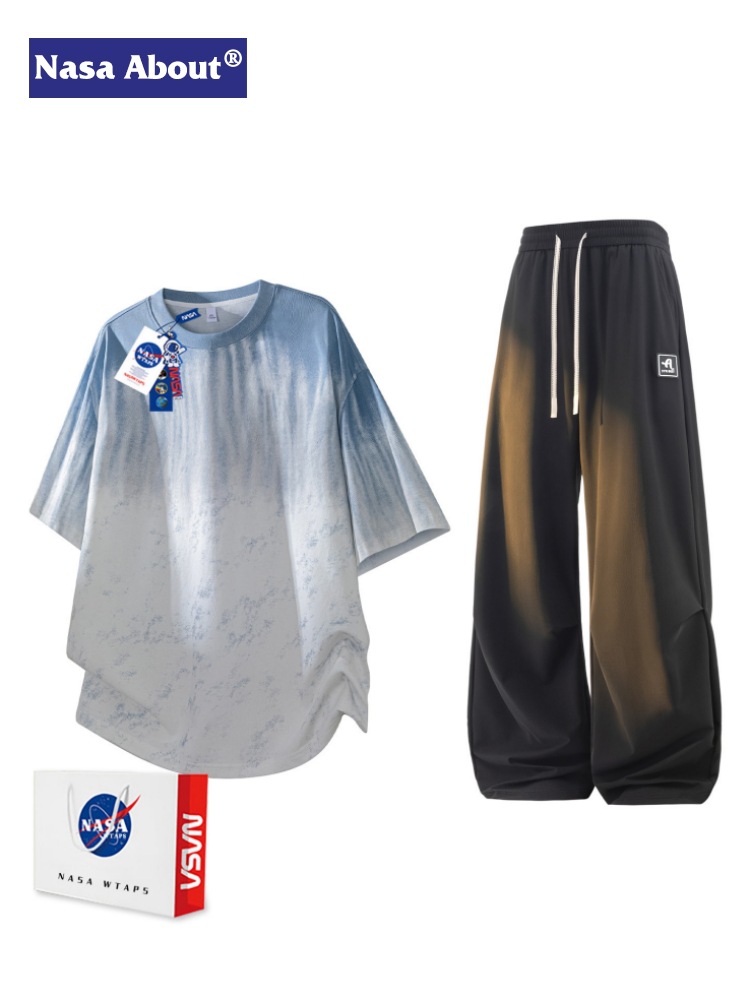 Nasa About2026 Tie-Dye Gradient Short-Sleeved Round-Neck T-Shirt Suit Men's Summer Thin Casual Pants Suit