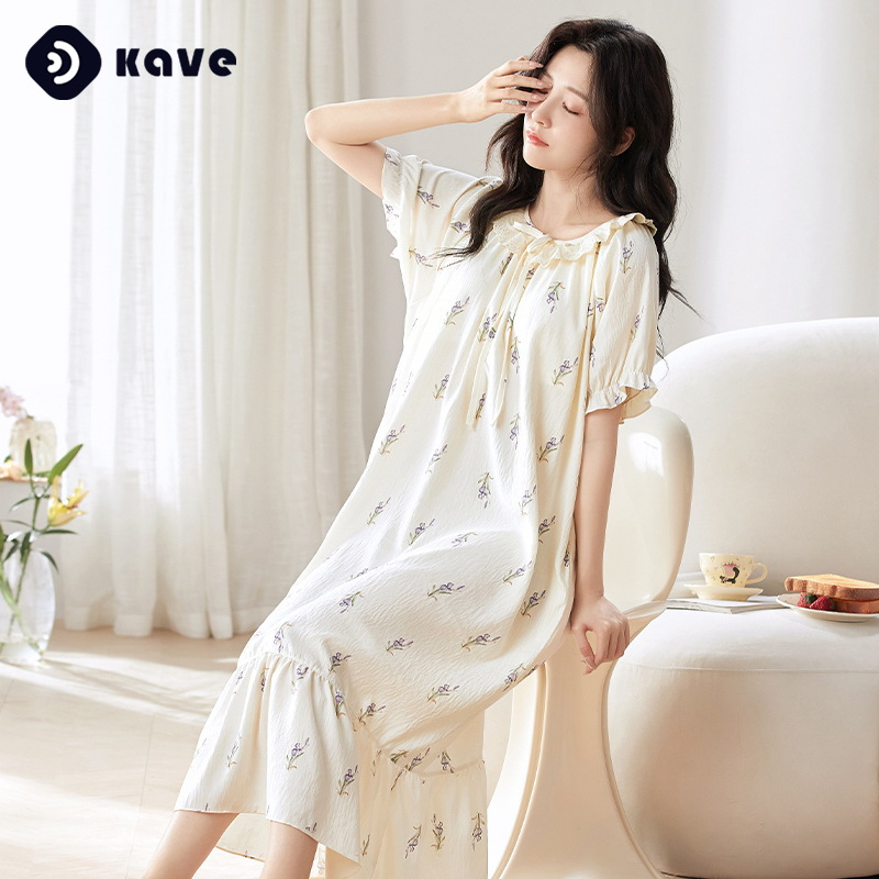 Pajamas Women's Summer Breathable Short-sleeved Long Dress Home Clothes Sweet Cute Floral Nightgown with Chest Pad Can Go Out Pajamas